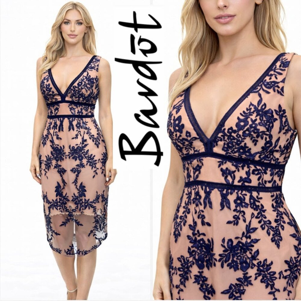Bardot Nude Blue Embroidered Midi Dress Sheer Overlay Size 10 Large